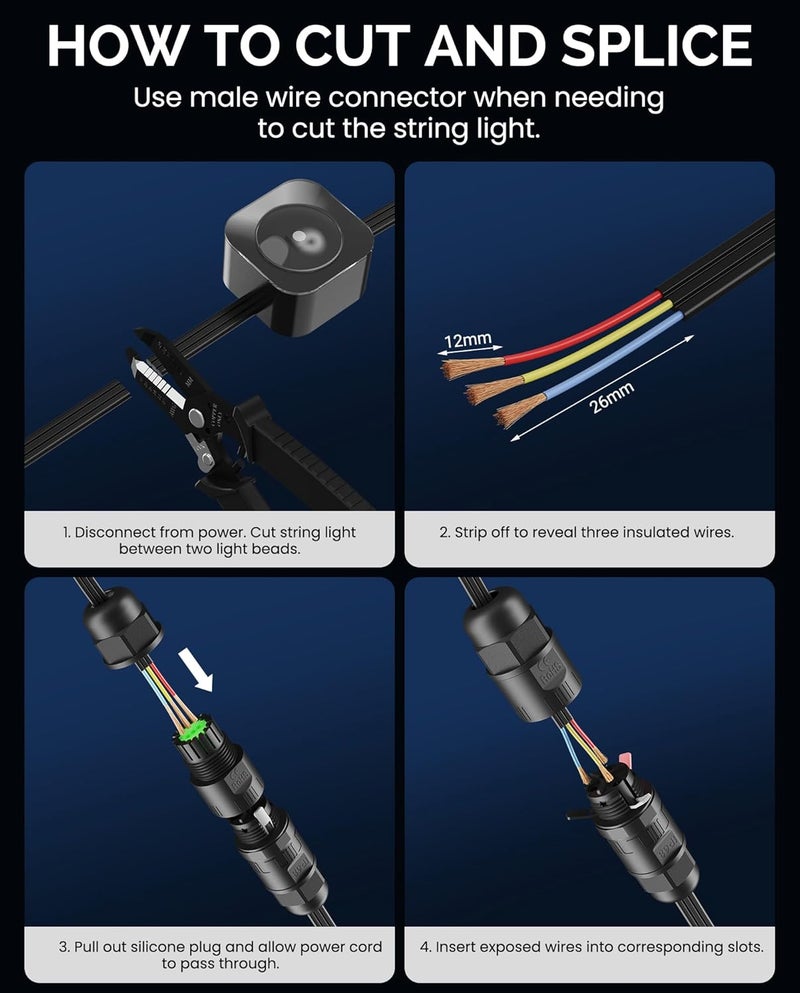CybeRoad Splice Connector Output for Govee Cuttable Outdoor Lights — Compatible with Govee H706A, H706B, H706C, H703A, H703B, Waterproof Extension Cable Wire Connector Male, Black - Image 5